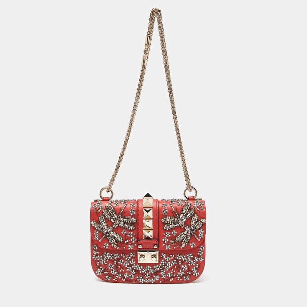 Valentino Red Leather Small Crystal Embellished Rockstud Glam Lock Flap Bag